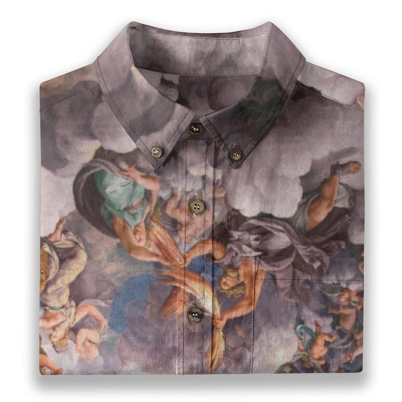 May include: A button-up shirt with a colorful print of a painting depicting angels in the clouds. The shirt has a classic collar and a button closure.