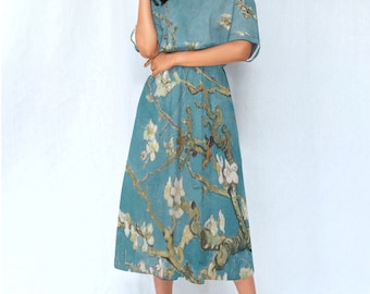 Almond Blossom by Vincent van Gogh Women's Waist Dress - Floral art apparel Classic artwear - Beautiful art dress Artistic wardrobe piece