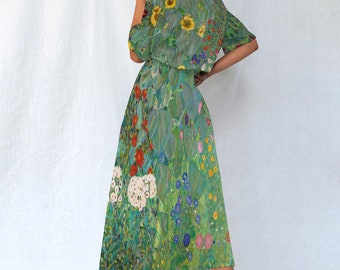 Gustav Klimt peignant un jardin de ferme avec des tournesols, une robe taille femme emblématique de Klimt, art classique symbolisme des fleurs