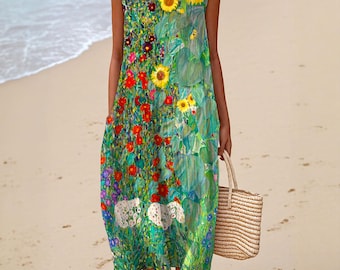 Vestido Girasol Gustav Klimt: Vestido artístico sin mangas de corte A de algodón slub