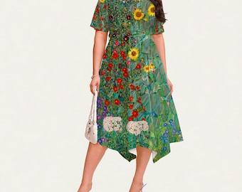 Gustav Klimt Sonnenblume Kleid: Milchseide Kunstdruck Midi mit Gürtel