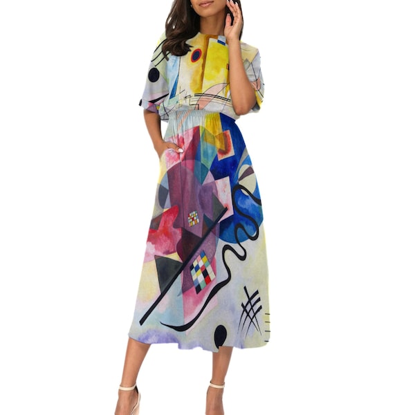 Wassily Kandinsky Art Damen Taille Kleid Gelb-Rot-Blau Die berühmteste Abstrakte Malerei Modernes Geometrisches Design Dynamische Komposition