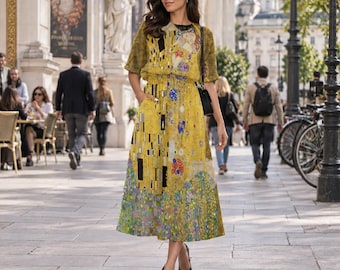 Gustav Klimt The Kiss Midi Dress: Art Nouveau Print, Elastic Waist