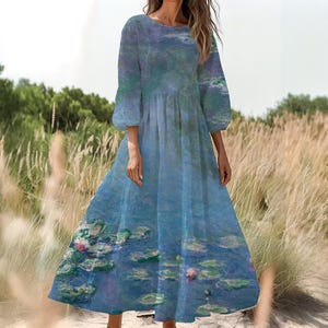 Claude Monet Water Lillies Long Sleeve Dress | Women High Waist A-Line | Puff Sleeves | Recycled Polyester | Photoshoot Dress