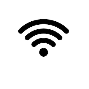 以下が含まれることがあります： 白背景に黒いWi-Fiシンボル。このシンボルは、小さな黒い円の上に3本の曲線で構成されており、ワイヤレスインターネット接続を表しています。