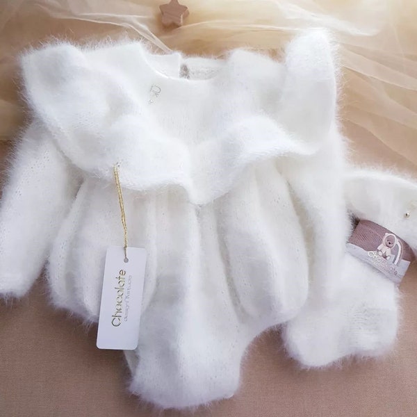 Baby Romper, Newborn Outfit , White Angora Baby Romper, Christmas Gift for Children, Dressy Romper, Woolen Jumpsuit , Festive Clothes