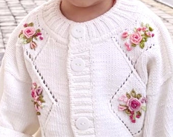 Baby cardigan, Jacket for a child, cotton jumper for a girl, White jacket with embroidery, Elegant children's clothing