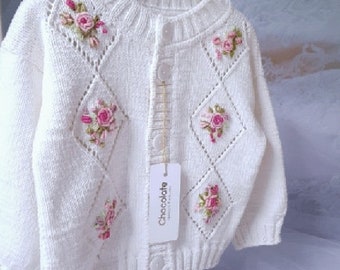 Baby cardigan, Jacket for a child, cotton jumper for a girl, White jacket with embroidery, Elegant children's clothing