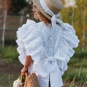 White linen romper, baby romper with ruffles, for baptism, first birthday, boho style outfit for baby girl, linen romper for baby girl
