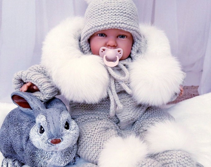 Set of 3 items, Baby romper, Baby bonnet, Baby pom pom poms, Long legged romper with footie, Romper with fur trimmed hood, Pom pom hat