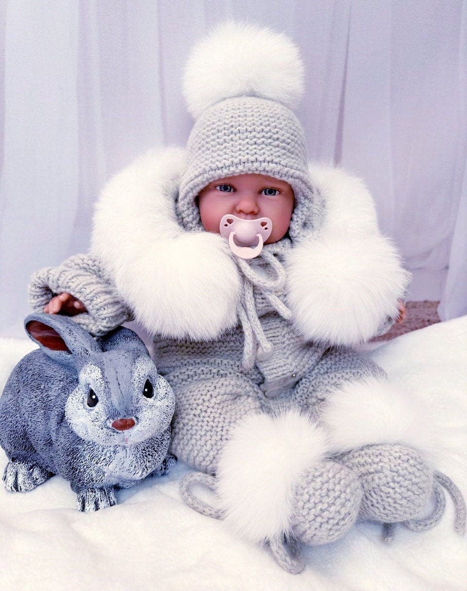 Baby knitted set 3 in 1, Baby romper, Baby bonnet, Long legged romper with footie, Romper with fur trimmed hood, Pom pom hat