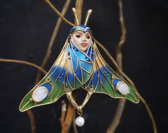 Butterfly brooch, Art Nouveau style moth jewelry, with moonstone, real pearl and crystals, OOAK