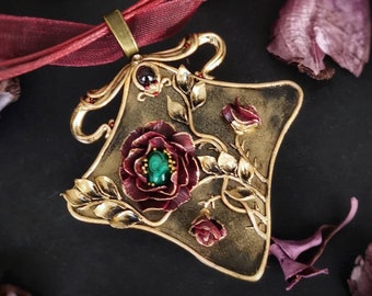 OOAK Art Nouveau style pendant with dark red necklace
