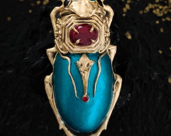 Handmade Scarab Brooch: Turquoise & Gold Egyptian Jewelry