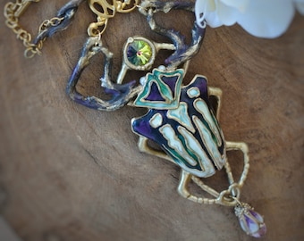 Insect necklace with amethyst drop or pear and rainbow crystal, unique beetle pendant, OOAK handmade jewelry