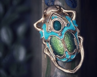 Mystic scarab brooch, insect jewelry, protective amulet symbol beetle in turquoise blue and green colours with gemstone, OOAK