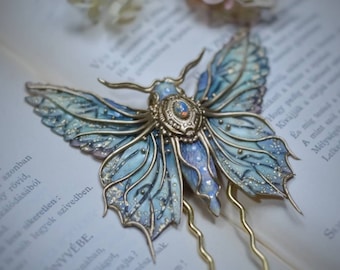 Artisan bun holder, butterfly hairpin, cicada ponytail jewelry, OOAK polymer clay, handmade artwork