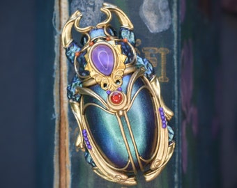 Handmade Scarab Brooch – Iridescent Blue and Purple – Amethyst and Padparadscha Sapphire Gemstone