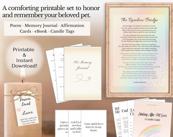 Rainbow Bridge Memorial Kit: Pet Loss Poem, Journal, & Candle Tags (Printable Digital Download