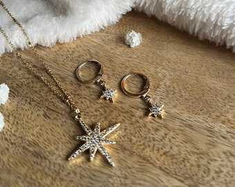 Polar star necklace and earrings set, stainless steel, zircons and brass gilded with fine 24-carat gold • north star • star