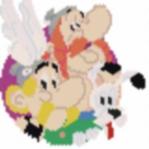 May include: A pixelated cartoon image featuring three characters and a dog. The characters have large noses, one with a red beard and another with wings. The dog is white with black ears and a red tongue. The background is a mix of purple and white.