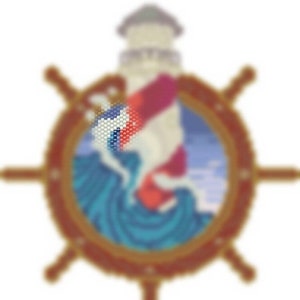 May include: A nautical-themed design featuring a lighthouse, waves, and a ship's wheel. The lighthouse has red and white stripes, and the waves are blue. The ship's wheel is brown, and the design is circular.