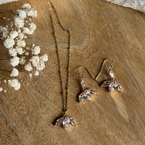 Necklace and earrings set in stainless steel, zircon and gold-plated brass