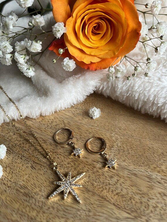 North Star Necklace and Earrings Set, Stainless Steel, Zircons and