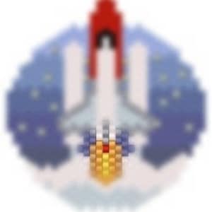 May include: A white and blue space shuttle with a red nose and flames, flying through a starry sky with a yellow and orange planet in the background.