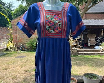Vintage Navy Blue Thai Embroidered And Trimmed Dress