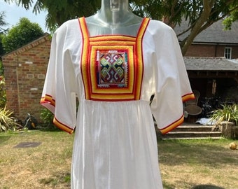 Vintage White Cotton Thai Embroidered And multi coloured fabric Trimmed Dress