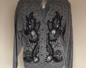 Vintage embroidered beaded sequin lambs wool cardigan