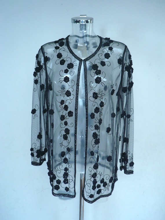 Vintage hand made embroidered beaded black tulle j