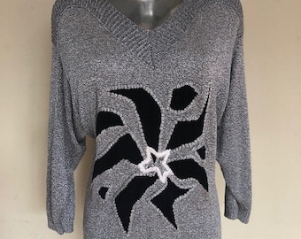 Vintage grey knitted applique/embroidered  jumper sweater