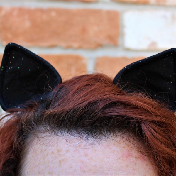 Black Sparkle Cat Ears Hair Clips / Pony Ears / Cosplay / Costume