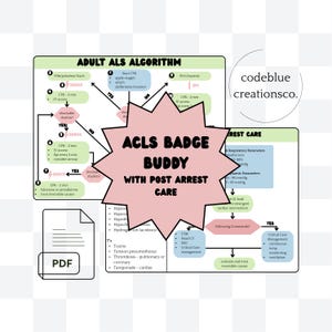 Peut inclure: Un guide de référence médicale intitulé "ACLS Badge Buddy with Post Arrest Care" avec un tableau "Adult ALS Algorithm". Le guide comprend une icône PDF et le logo codeblue creationsco. Le guide est destiné aux professionnels de la santé.