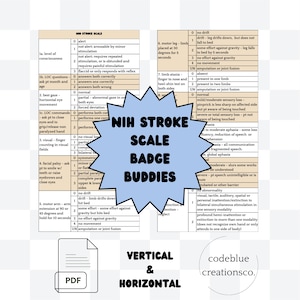 May include: A badge with the text "NIH STROKE SCALE BADGE BUDDIES" in a starburst shape. The image also includes a PDF icon, the words "VERTICAL & HORIZONTAL", and the website "codeblue creationsco."