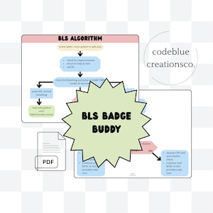 Könnte beinhalten: Medizinisch thematisierte Grafik mit dem Text "BLS Algorithm" und "BLS Badge Buddy". Das Bild enthält ein Flussdiagramm mit Notfallmaßnahmen, ein PDF-Symbol und das Logo von Code Blue Creationsco.