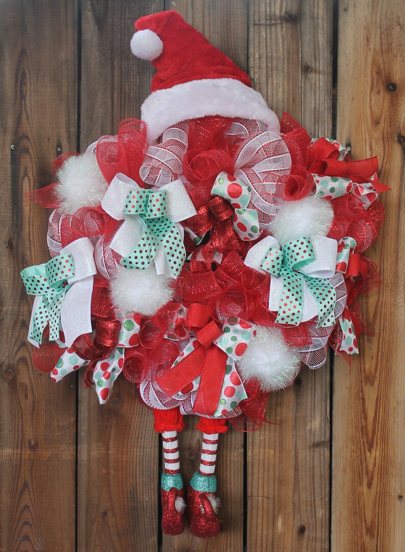 Red White Green Elf Wreath Christmas Mesh Wreath Elf Door Wreath Holiday Front Door Wreath