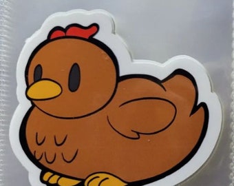 May include: A brown cartoon chicken with a red comb and yellow feet. The chicken is facing the right side of the image and has a white outline.