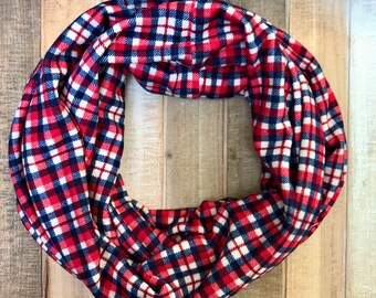 Red, Navy, and White Checkered Plaid Flannel Infinity Scarf