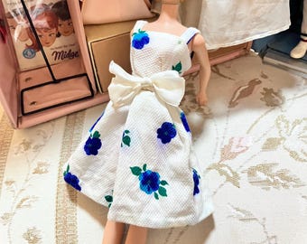 Vintage Barbie 1960’s White Blue Floral Dress With Blue Heels (Barbie Doll Not Included)