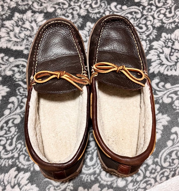Men’s L.L.Bean Brown Leather Moccasin Slippers Siz