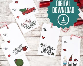 Etiquetas imprimibles para regalos de Navidad: Gnomos y camiones (descarga digital)