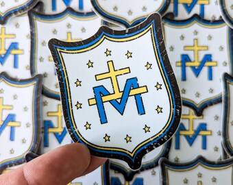 Pegatina con el escudo de la cruz mariana: calcomanía católica impermeable