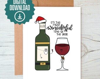 Tarjeta navideña con un toque de humor: Saludo festivo con mucho vino (descarga digital)