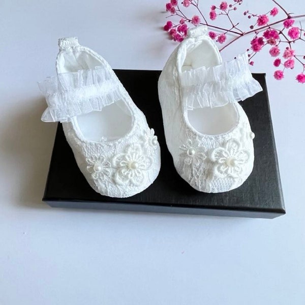 0-12 mesi / Bianco / Scarpe per bambini, Scarpe per battesimo per bambini, Scarpe per neonati con fiori in pizzo, Scarpe per battesimo per bambini, Regalo per baby shower BS029