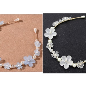 White Flower Wedding Headband, Bridal Hair Accessories,  Wedding Hairband, Bridesmaid Crystal Headband, Flower Girl Headband TS964