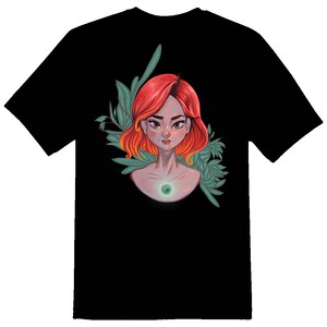 May include: Black t-shirt with a colorful illustration of a woman with red hair and a green gemstone necklace. The woman is surrounded by green leaves.