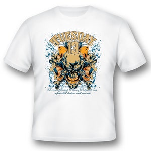 Tuesday 13 skull crossbones fish black or white tee
